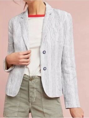 anthropologie cartonnier beachy linen blue ticking striped blazer jacket, size 8